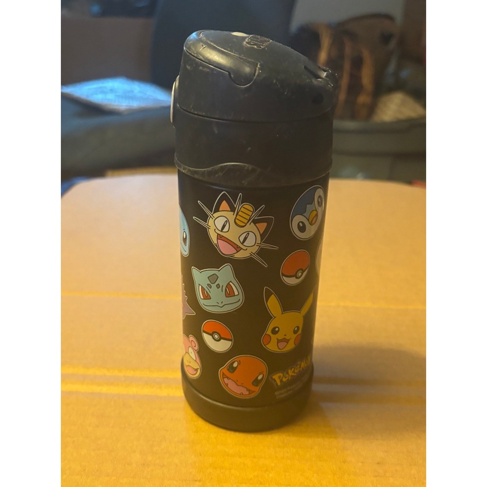 Pokemon Thermos Funtainer 12 Ounce Water Bottle Black EUC